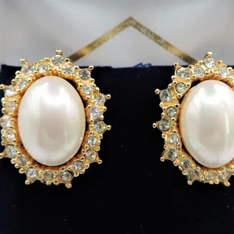 Vintage Christian Dior Pearl & Crystal Earrings for Pierced Ears c.1990's Signed