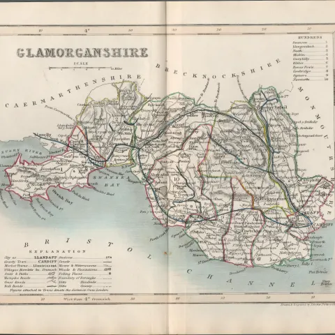 Glamorganshire Wales 1850 Antique Steel Engraved Map.