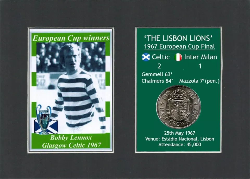 Bobby Lennox Celtic European Cup Mount & 57 Year-Old 1967 Coin.