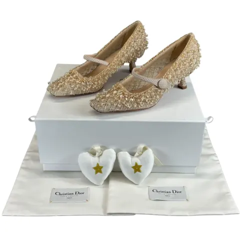 Pair of Christian Dior Haute Couture Nude/Beige Mary Jane Kitten-Heel Pumps, Heavily Embellished Wit