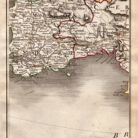 Wales Cardigan Tenby Pembroke Carmarthen John Cary's Antique 1794 Map.