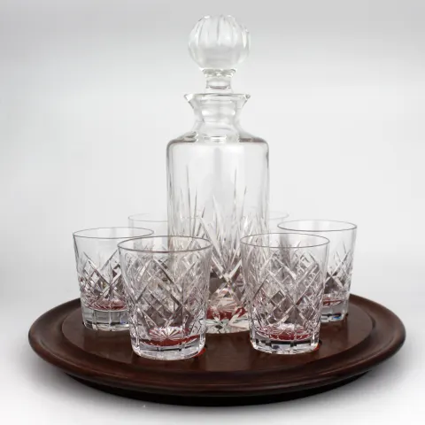 Cut Glass Crystal Decanter & 6 Glasses on Mahogany Stand