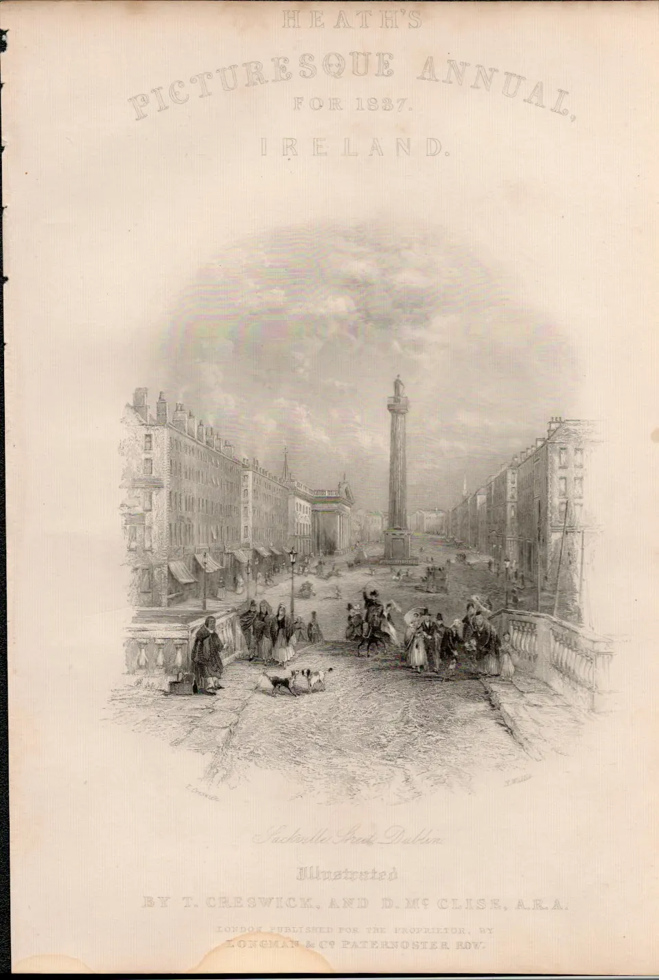 Sackville Street  Dublin Victorian Antique  1837-38  Engraving.