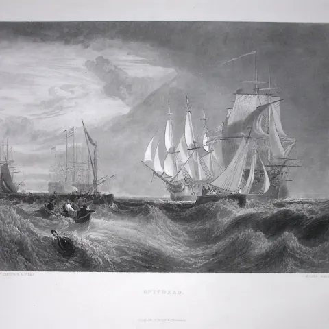 J.M.W Turner Spithead Captured Ships Antique Steel Engraving-68-TR