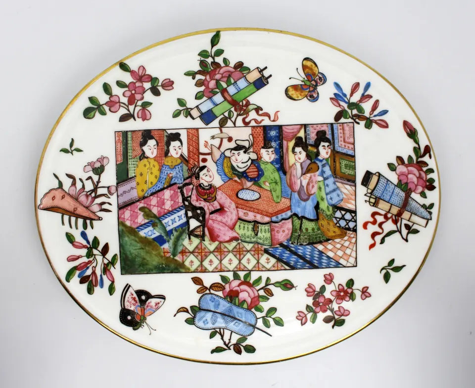 Victorian Derby Porcelain Hand Painted Chinoiserie Oval Plaque