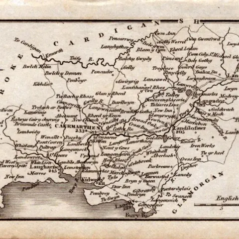 Wales Carmarthenshire Antique Copper Engraved Map by Sidney Hall.
