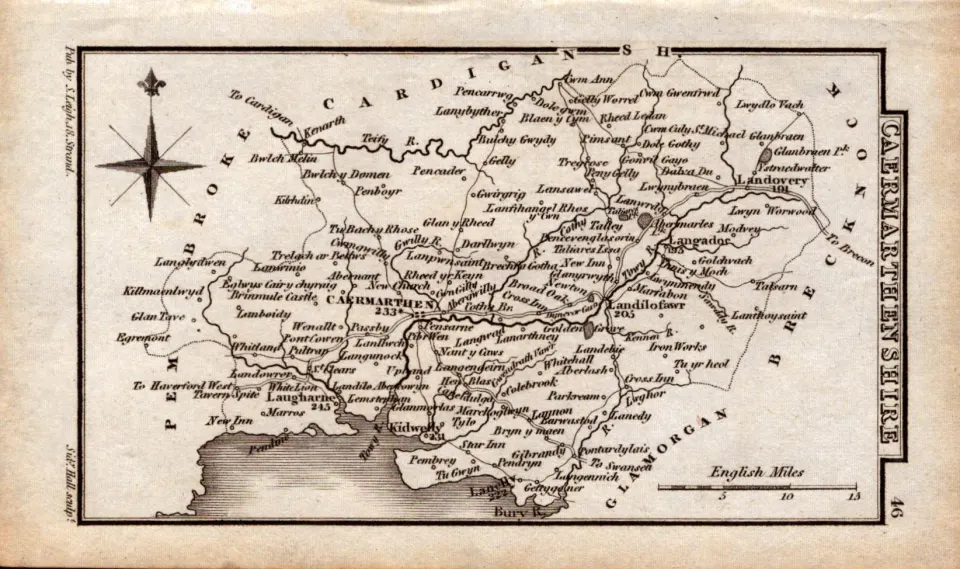Wales Carmarthenshire Antique Copper Engraved Map by Sidney Hall.