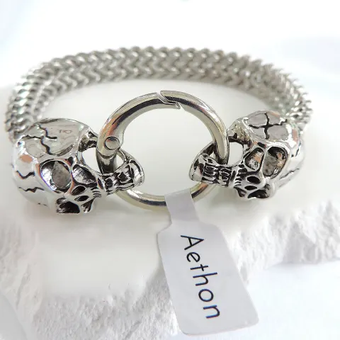 Men's Aethon Designer Stainless Steel Double Skull Head Bracelet 'New'