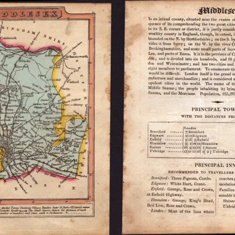 Middlesex Engraved Hand Coloured George IV Antique Map & Text.