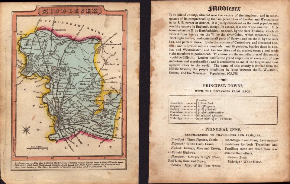 Middlesex Engraved Hand Coloured George IV Antique Map & Text.