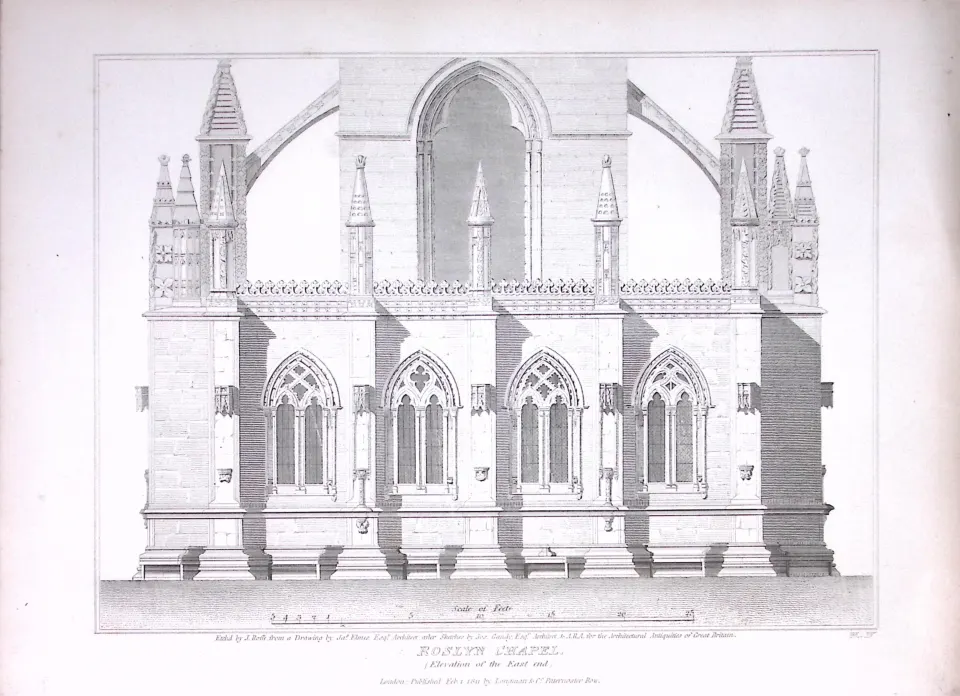 Rosslyn Chapel Scotland 190 Years-Old John Britton Antique Steel Engraving-156.