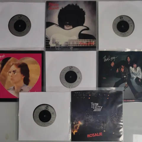 A Collection of 9x 7” Thin Lizzy and Related Vinyl Singles Mainly in VG+ to EX Condition