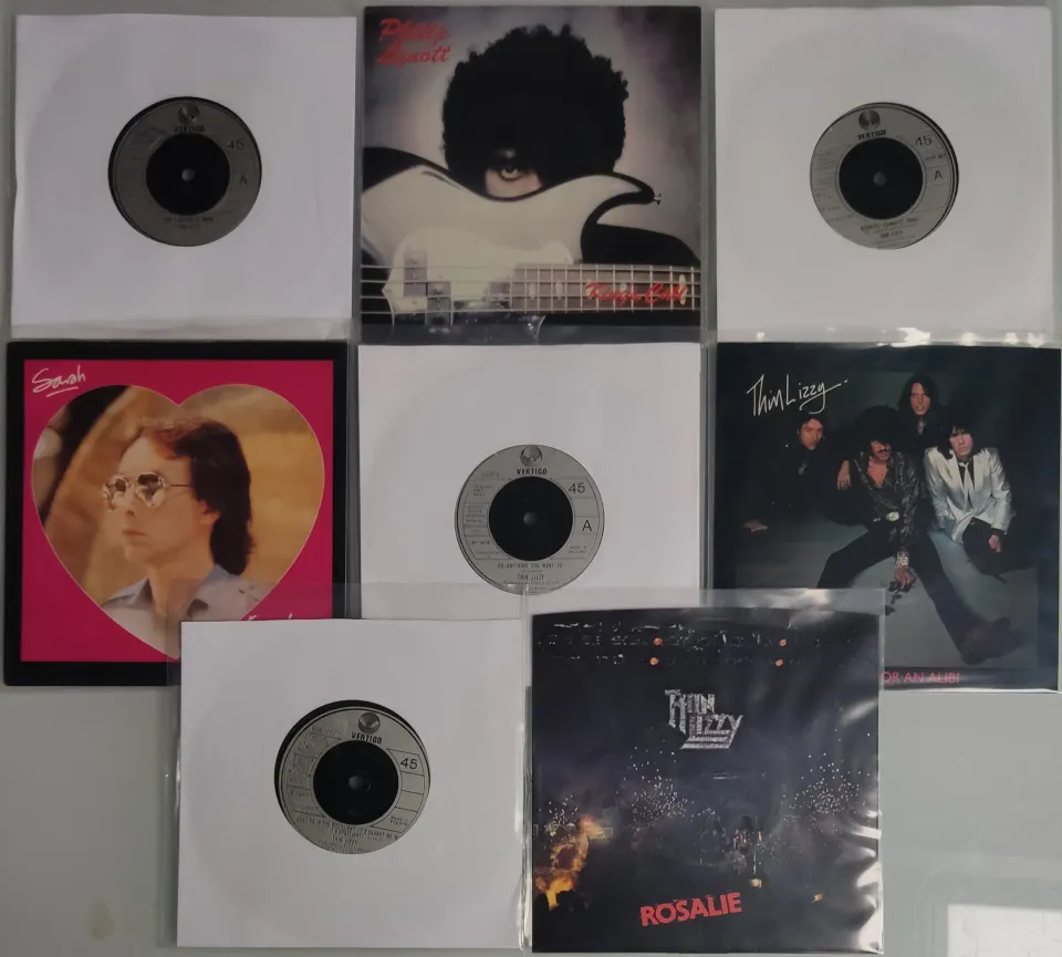 A Collection of 9x 7” Thin Lizzy and Related Vinyl Singles Mainly in VG+ to EX Condition