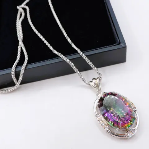Sterling Silver 14CT Rainbow Mystic Topaz Pendant Necklace New With Gift Box