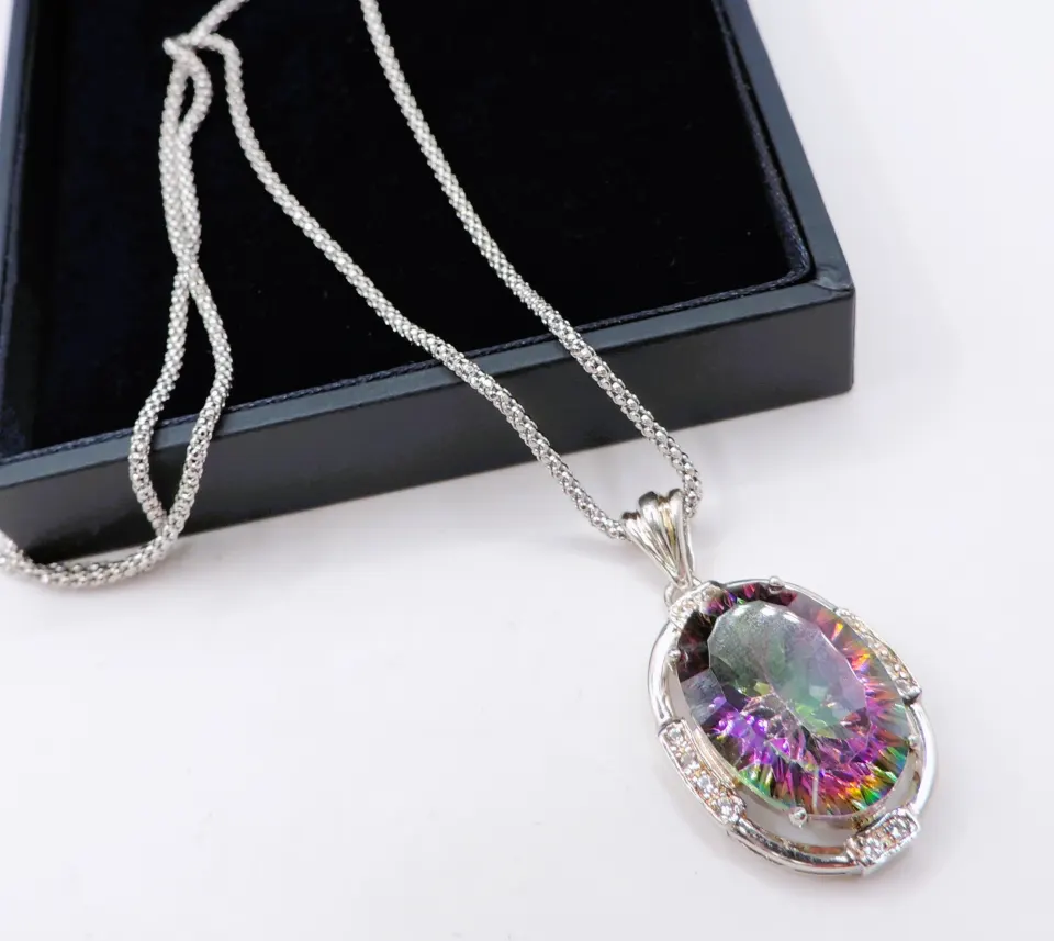 Sterling Silver 14CT Rainbow Mystic Topaz Pendant Necklace New With Gift Box
