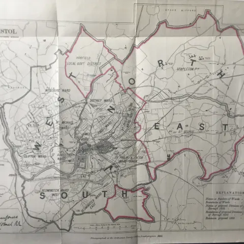 Antique 139 Years-Old Scarce Map City of Bristol 1885 Boundary Changes.