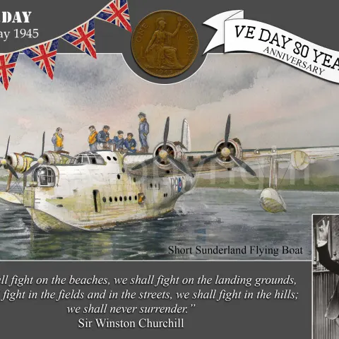 VE Day 80th Anniversary Designed Metal Art Coin Display Short Sunderland Flying Boat