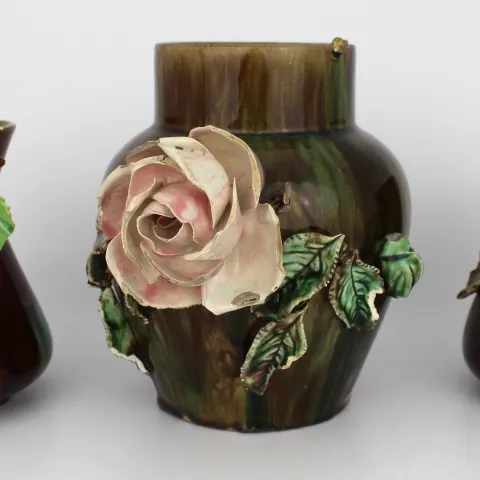Set of 3 Decorative Victorian Floral Pottery Vases