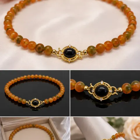 Orange & Green Beaded Necklace with Decorative Black Stone Clasp