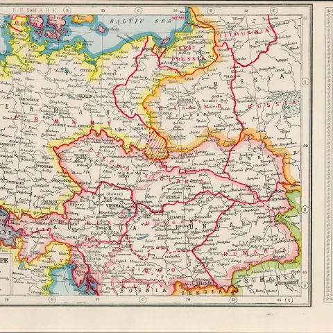WW1 The Great War Central Europe Coloured Antique Detailed Map 1922.