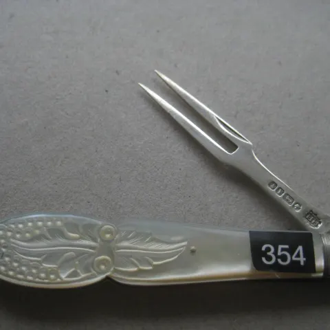 Victorian Mother of Pearl Hafted Silver Folding Fruit Fork