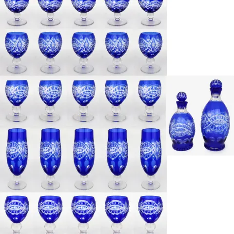 Antique Bohemian Cobalt Blue Overlay Cut Crystal Suite, 27 Pieces – Circa 1910