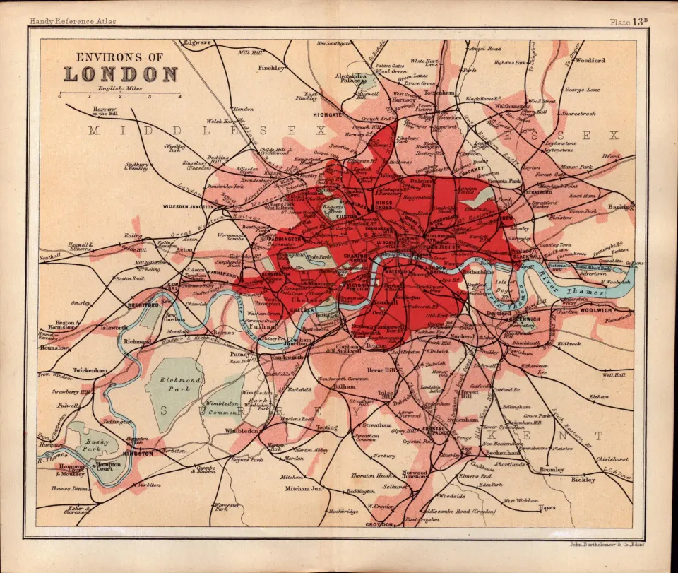 London And Its Environs Double Sided 129 Years-Old Antique 1896 Map.