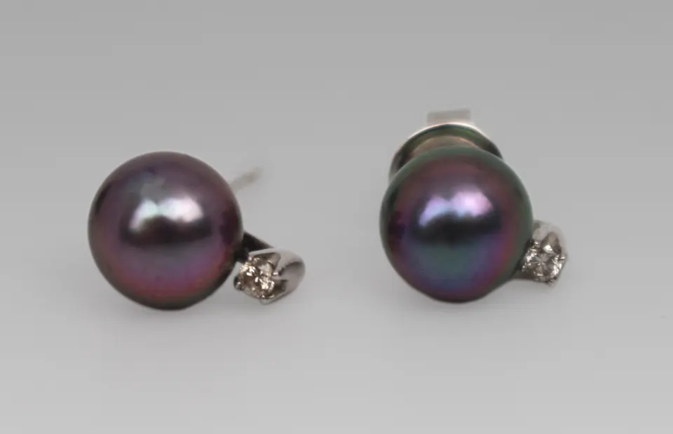 Black Pearl & Diamond 18ct Gold Ear Studs