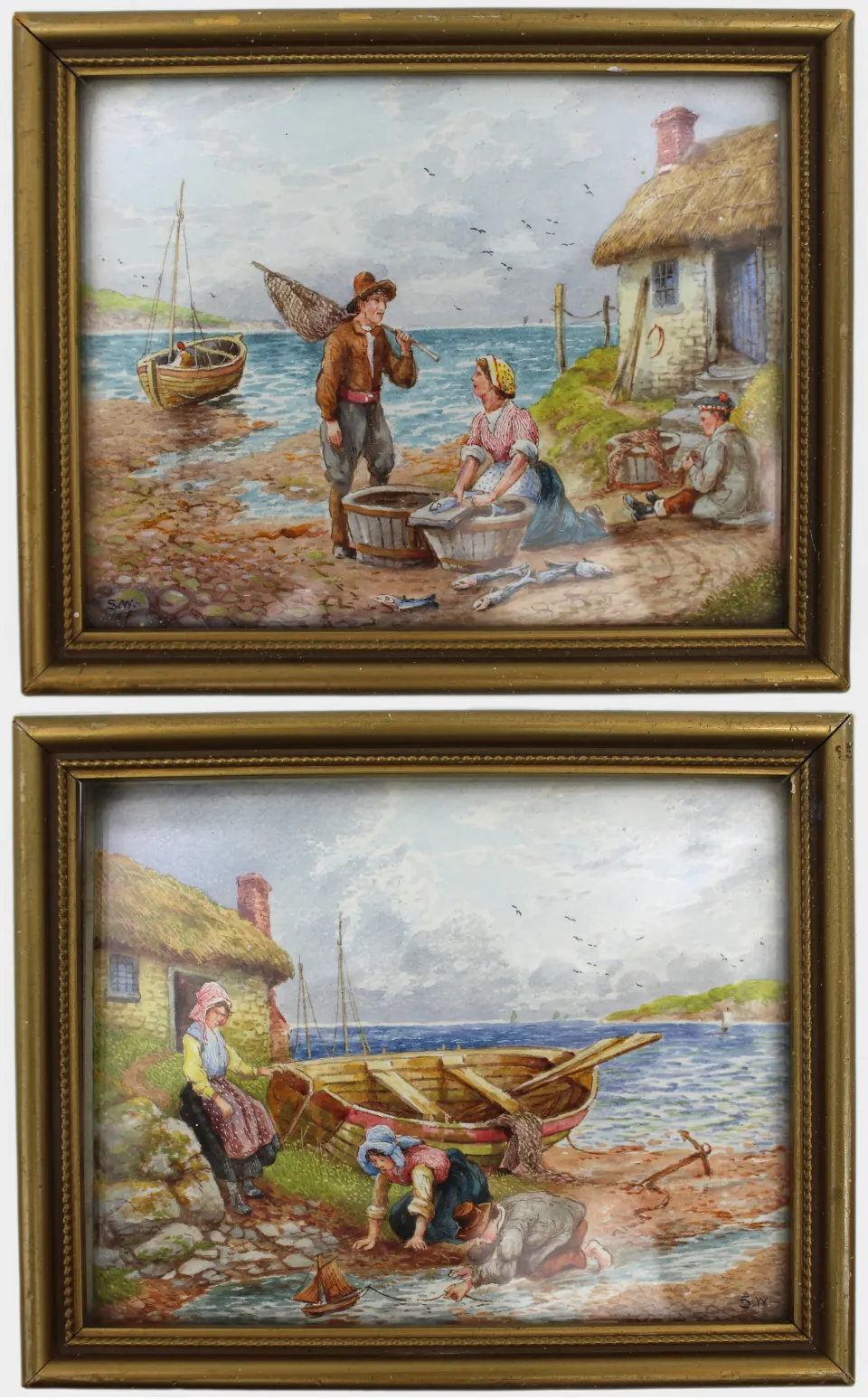 Pair of Early 20th Century English Watercolours – Coastal Fishing Scenes, Signed S.W.