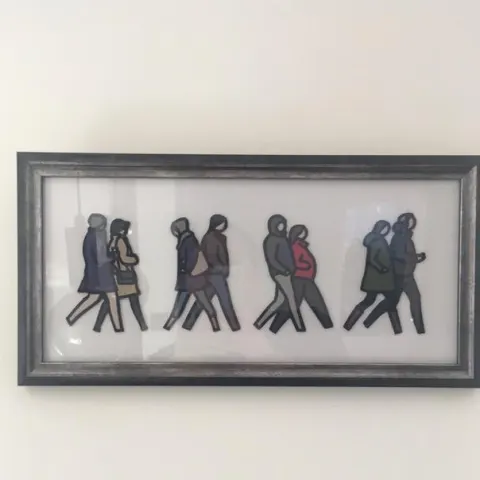 Julian Opie (1958-), London Couples, Embroidered figurines on Board, framed,  2021