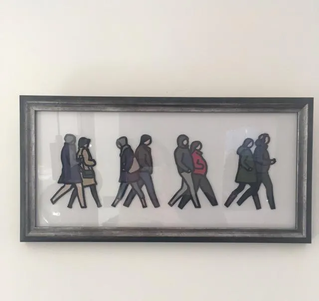 Julian Opie (1958-), London Couples, Embroidered figurines on Board, framed,  2021