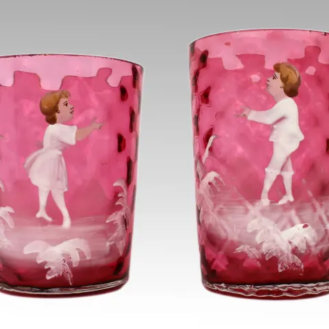 Pair of Victorian Cranberry Glass Tumblers – Mary Gregory Style