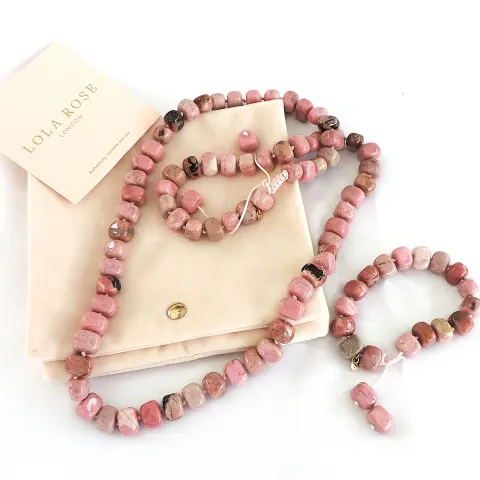 Lola Rose London Chunky 32 Inch Pink Rhodonite Gemstone Necklace & Bracelet Set 'New'