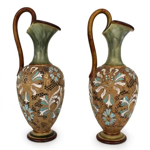 Pair of Edwardian Art Nouveau Doulton & Slaters Stoneware Ewers