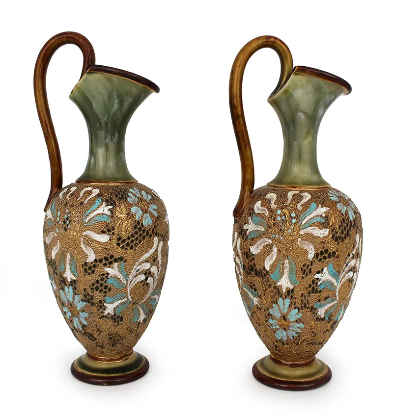 Pair of Edwardian Art Nouveau Doulton & Slaters Stoneware Ewers
