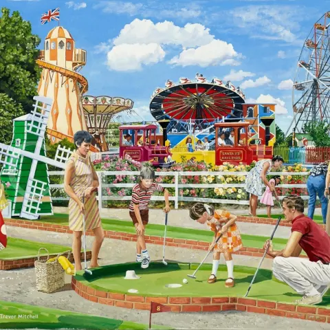 Family Fun Day Crazy Golf 1960's Nostalgic Summer Holiday Scene Metal Wall Art