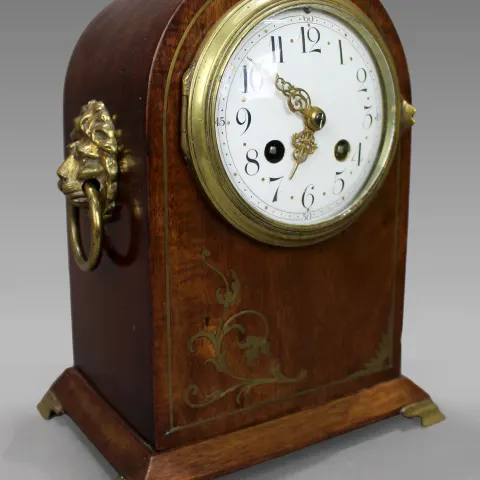 French Mahogany Brass Inlaid Mantle Clock c.1900 by Marti