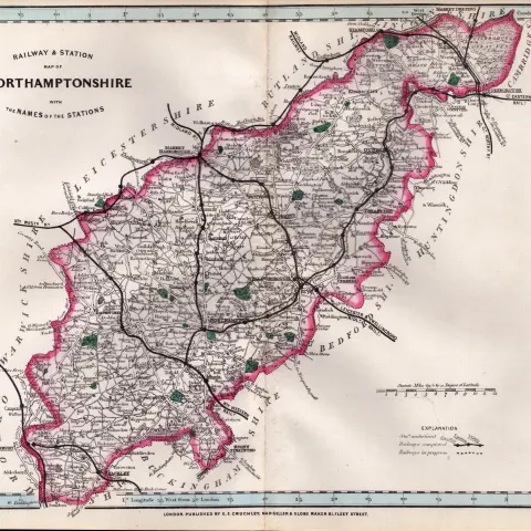 Northamptonshire Cruchley Scarce Antique Railways & Stations Coloured Map.