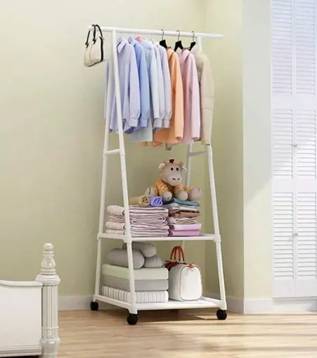 Freestanding Metal Coat Rack with 2 Lower Storage Shelves and on Wheels
