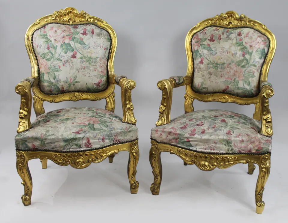 Pair of Carved Giltwood Louis XV Style Upholstered Armchairs