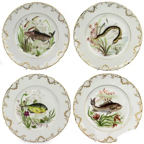 Set of 4 Edwardian Hand Painted Fish Plates, Signed Wolly Fowkes 1903