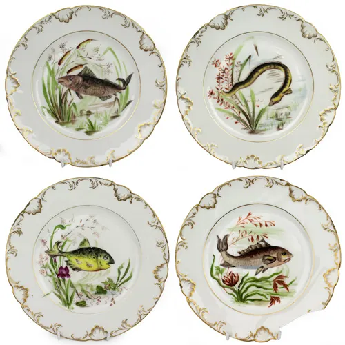 Set of 4 Edwardian Hand Painted Fish Plates, Signed Wolly Fowkes 1903