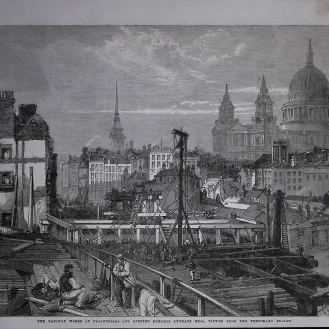 Railway Works At Blackfriars & Ludgate Hill London  Antique Woodcut Engraving.