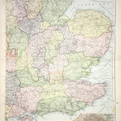 Rare  Coloured Antique Large Map South East England GW Bacon 1904.