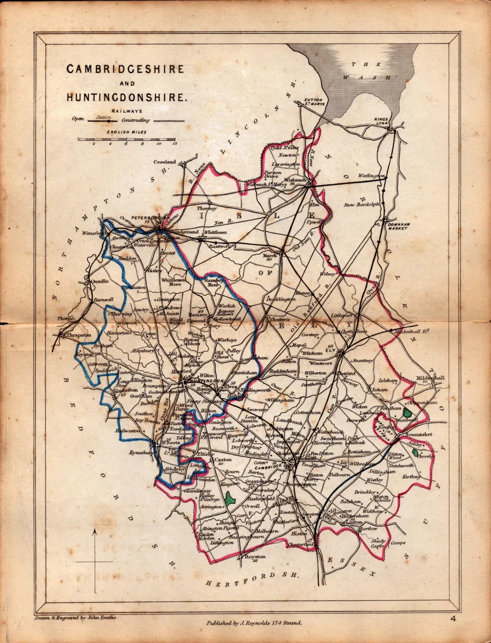 Antique Railway Map of Cambridgeshire Drawn & Engraved by John Emslie.