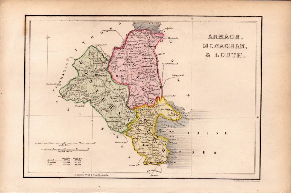 Armagh Monaghan & Louth Antique 1850’s Map Mrs Hall Tour of Ireland.