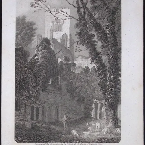 Kirkstall Abbey Tower Yorkshire Antique 213 Years-Old Steel-Engraving-34