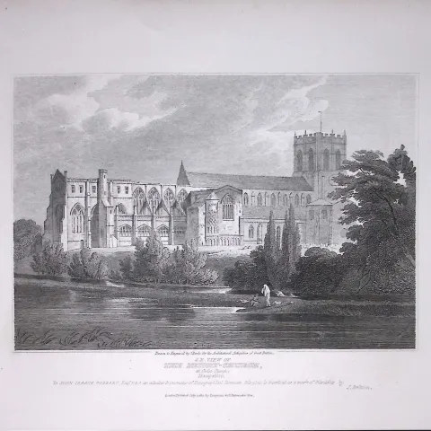 Priory Christ- Church Hampshire 190 Years-Old John Britton Antique Steel Engraving-169