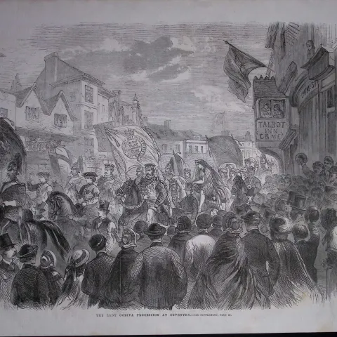 Lady Godiva Procession at Coventry 164 Years-Old Antique Woodcut Engraving.