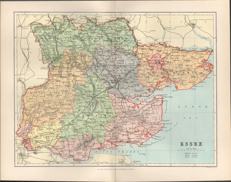 Essex Southend  Harlow Braintree Victorian 1894  Antique Map.
